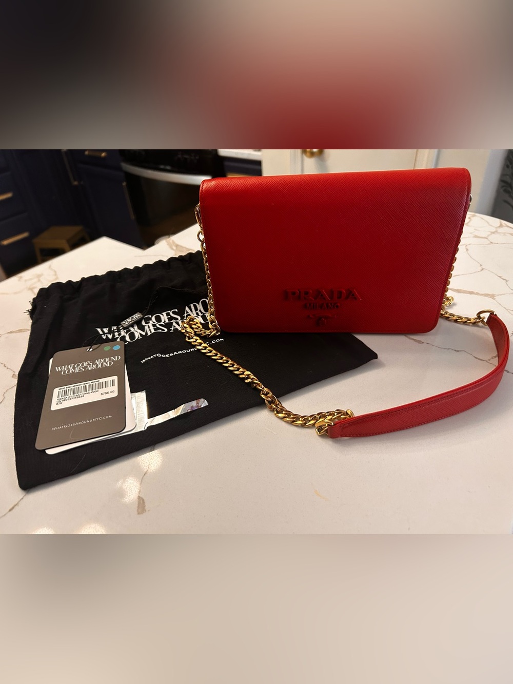 Prada Red Saffiano Crossbody with Gold Chain Strap
